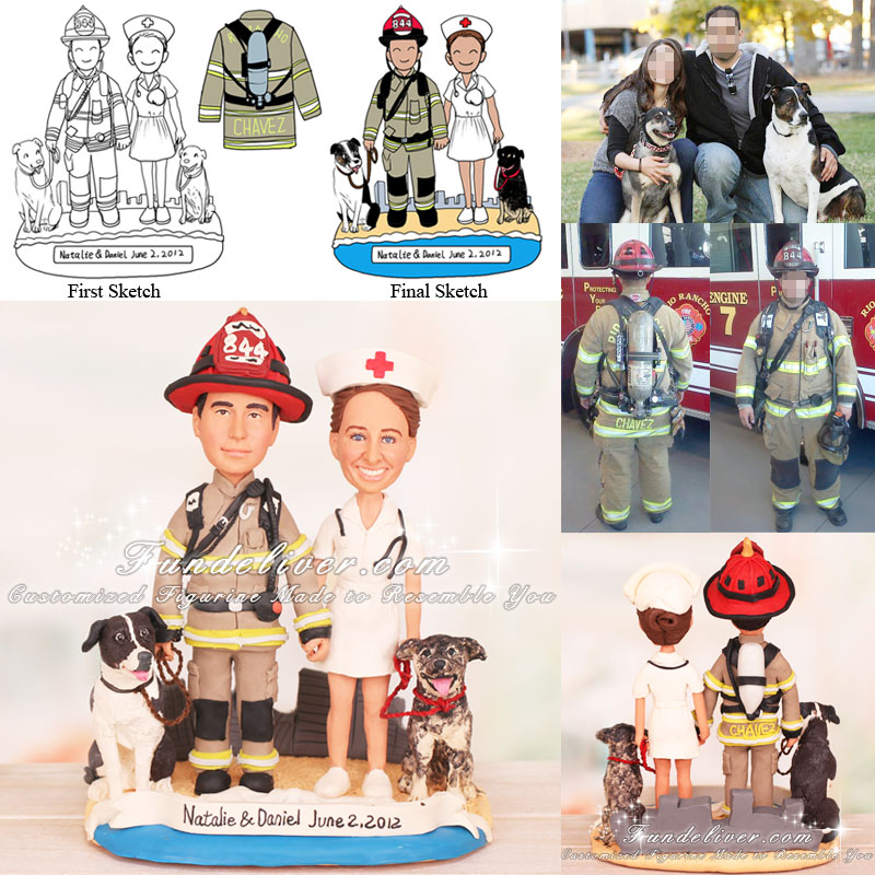 Firefighter Nurse and Dogs Wedding Cake Toppers